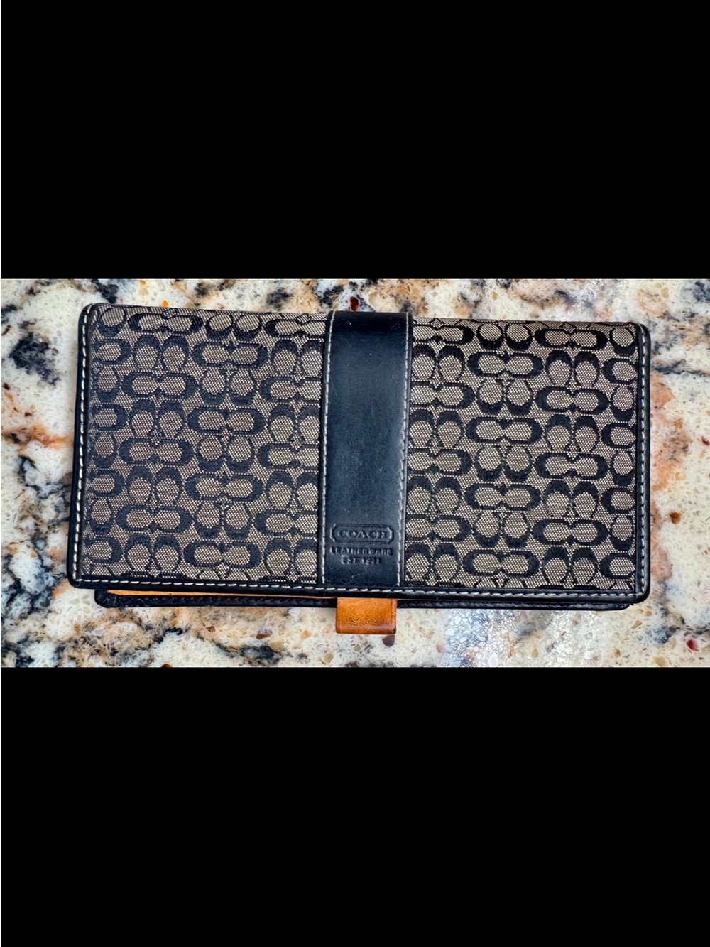 Coach Brown Signature Continental Wallet with Black Trim and Tan Pull